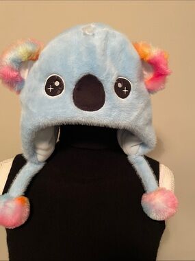 Kids Plush Blue Koala Hat with Rainbow Accents - Cozy Winter Beanie
